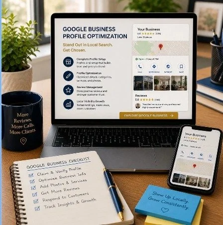 Google Business Profile optimization workspace showing local listings, customer reviews, maps, and tools for improving local visibility.