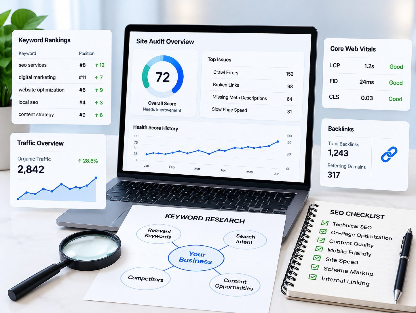 SEO analysis services in Lacey and Thurston County by Web Trending Solutions covering keyword research, rankings, Core Web Vitals, and website performance.