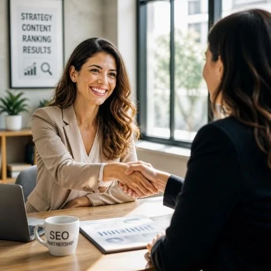 Business owner meeting with a Web Trending Solutions strategist to discuss ongoing SEO, website maintenance, and digital marketing growth in Lacey.
