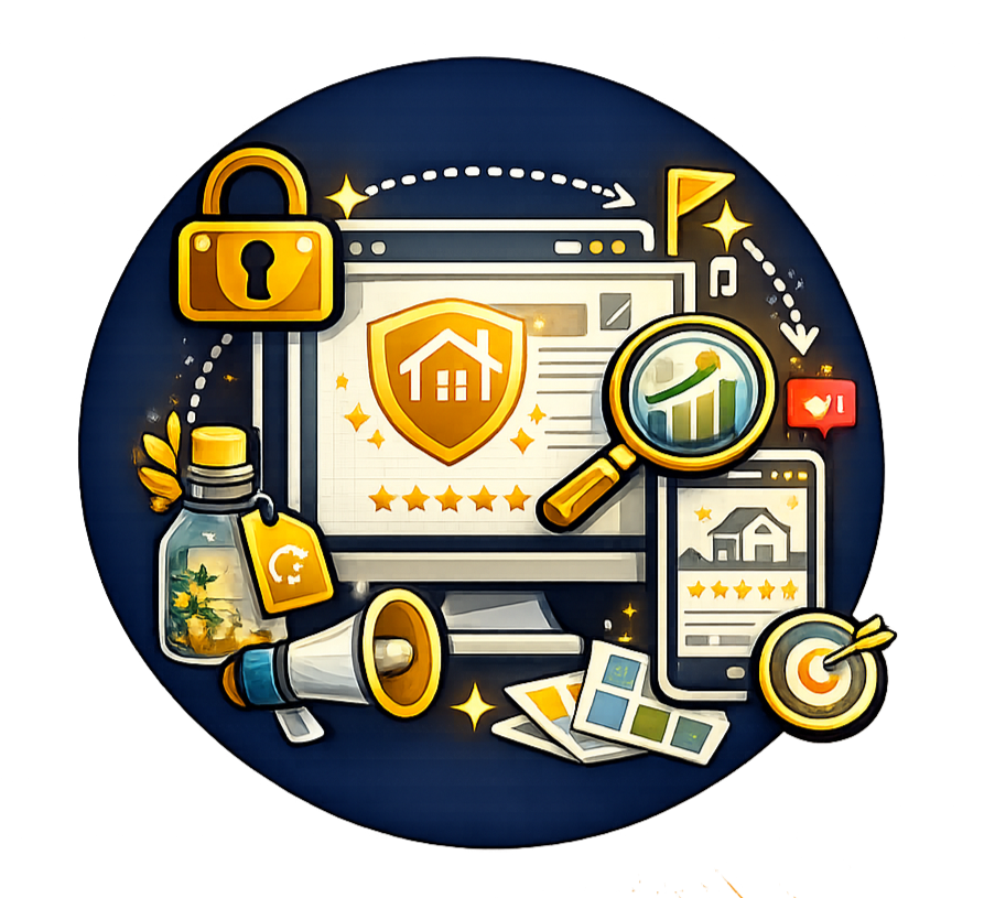 Professional short term rental website planning icon representing strategy, design, booking optimization, and business growth.