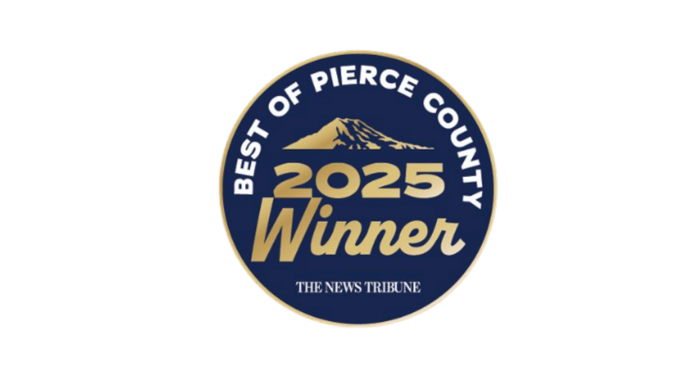 Badge with a mountain illustration and text indicating a 2025 winner in the Best of Pierce County award from The News Tribune.