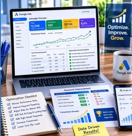 Google Ads optimization in Lakewood WA by Web Trending Solutions focused on keyword targeting, conversion tracking, campaign performance, and lower cost per lead.