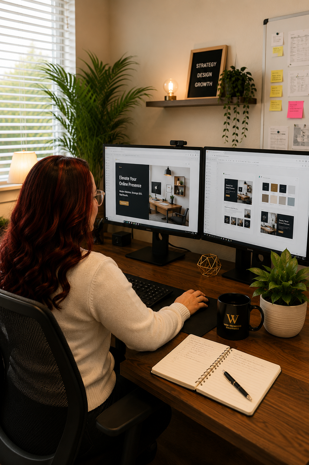 A woman with red hair and glasses working at a dual-monitor setup in a home office. The monitors display a website design, with a notebook and pen on the desk, and plants, a lamp, and wall decor visible in the background.
