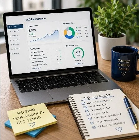 SEO strategy workspace showing search visibility, keyword research, and organic growth solutions for Washington businesses.