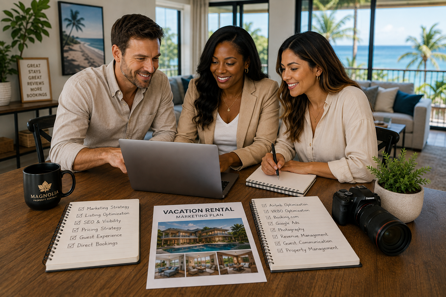 Property Hosting Services marketing team planning Airbnb, VRBO, and direct booking strategies to increase occupancy and revenue.
