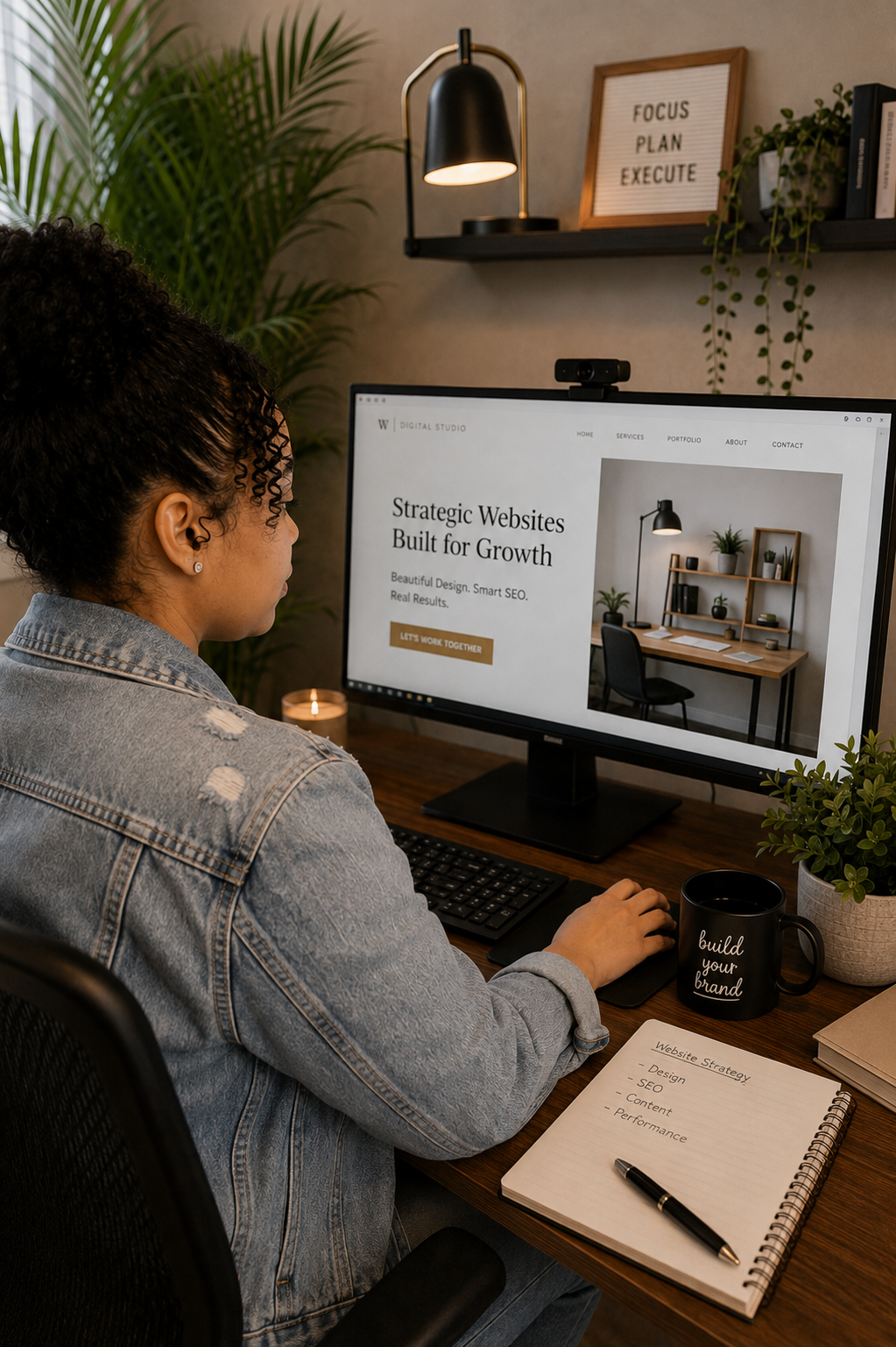 Professional website designer creating custom websites and Local SEO strategies in a modern digital marketing workspace at Web Trending Solutions.