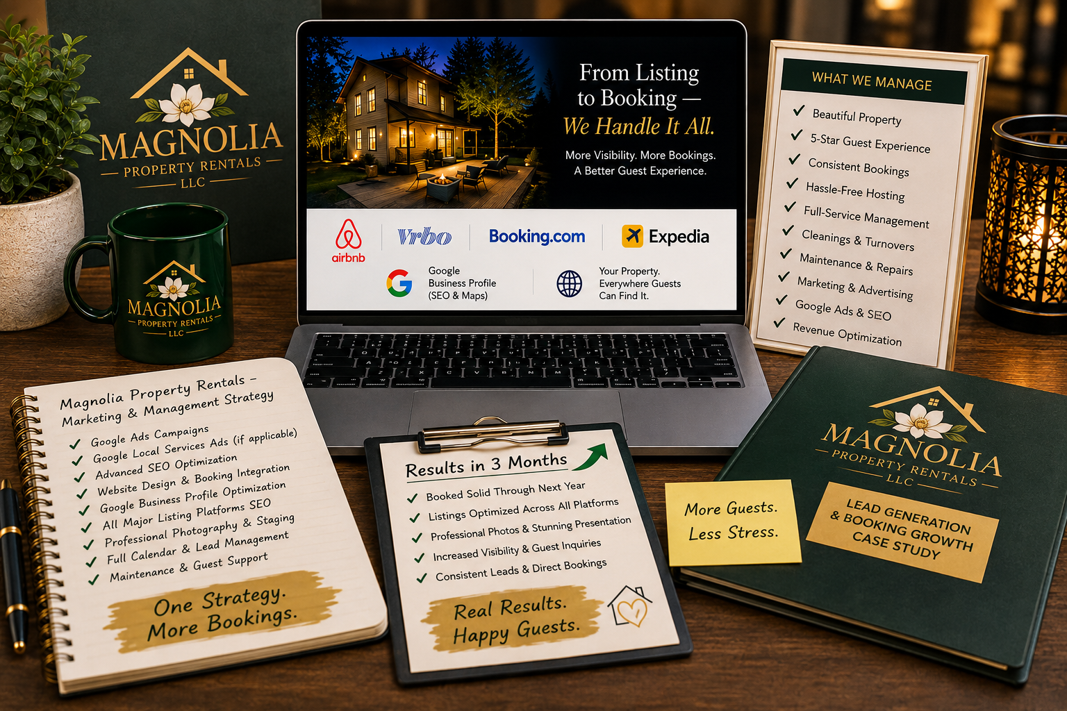 Full-service vacation rental marketing strategy for Magnolia Property Rentals featuring SEO, Google Ads, booking platforms, direct reservations, and property management.