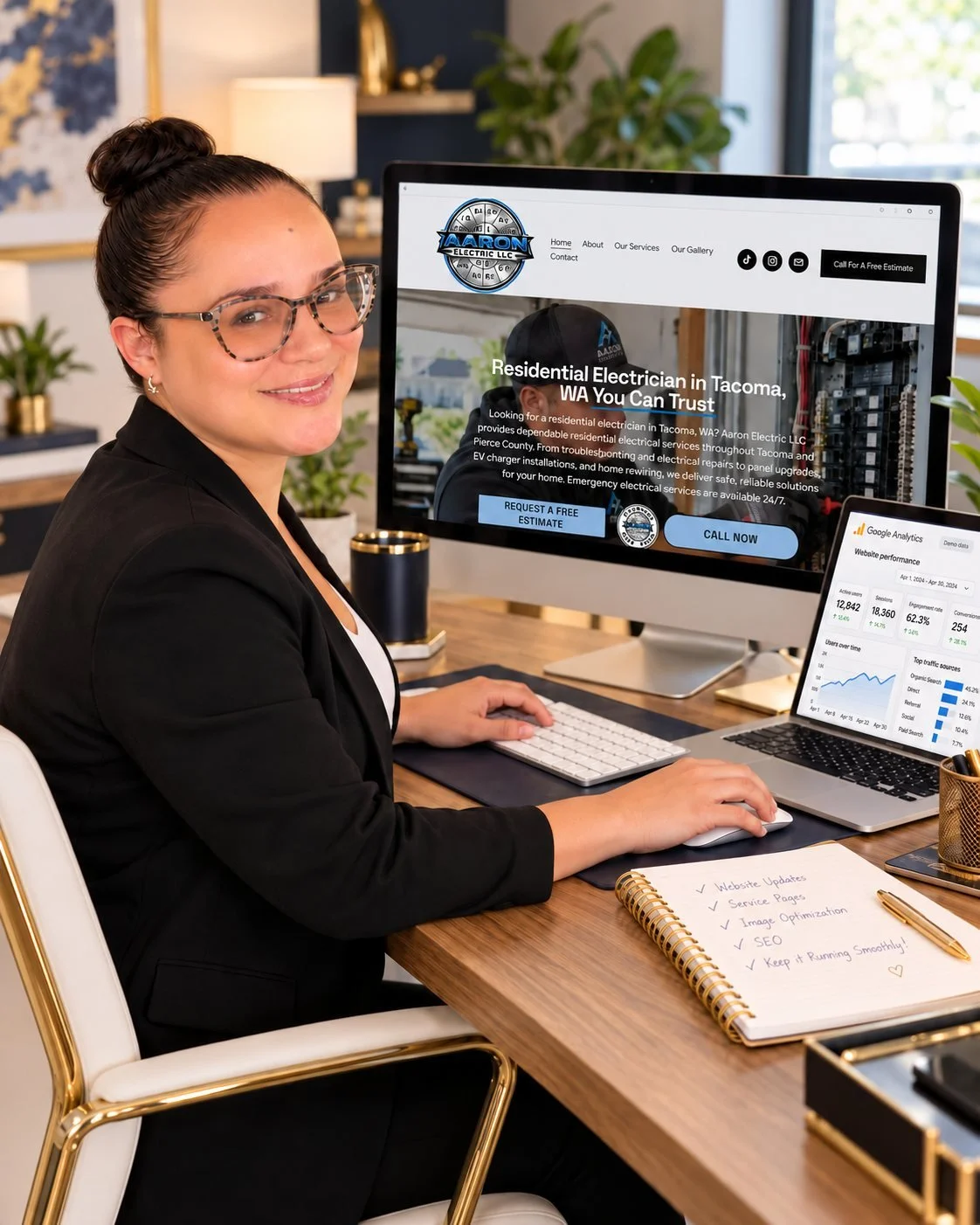 Anna at her desk with neatly styled hair, the Aaron Electric website on a monitor and an analytics performance report on a laptop.
