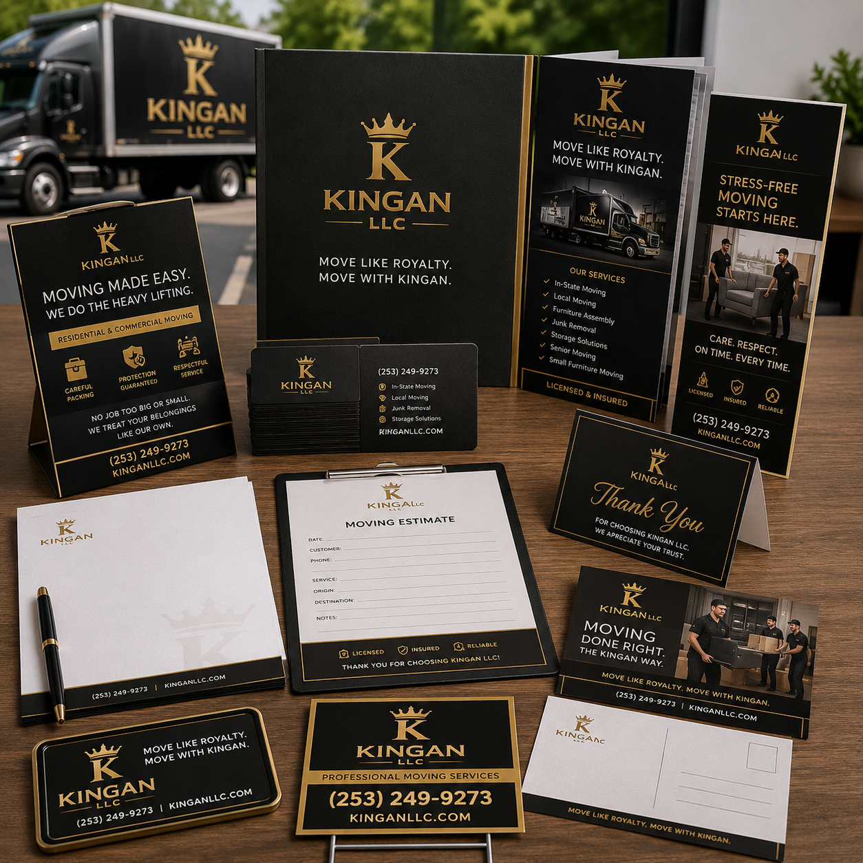 Print and marketing materials design services featuring custom business cards, brochures, flyers, postcards, and branded collateral created for Kingan LLC by Web Trending Solutions.