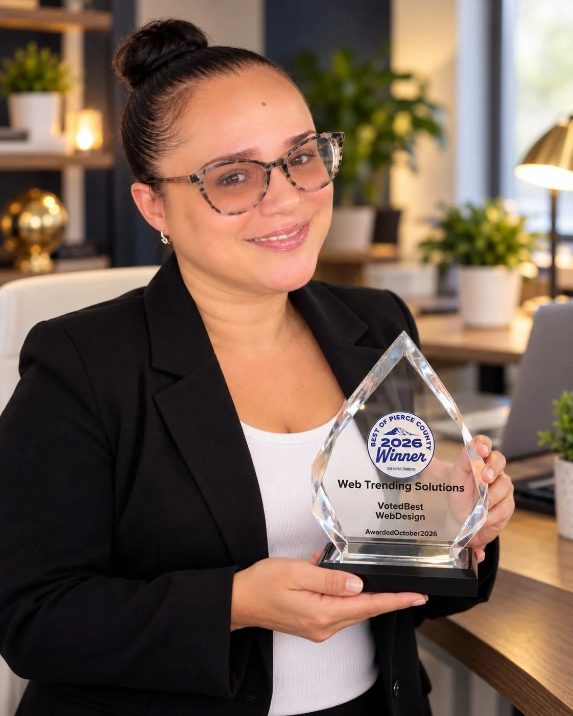 Anna, owner of Web Trending Solutions, working on Aaron Electric LLC website maintenance and digital marketing at her office desk.