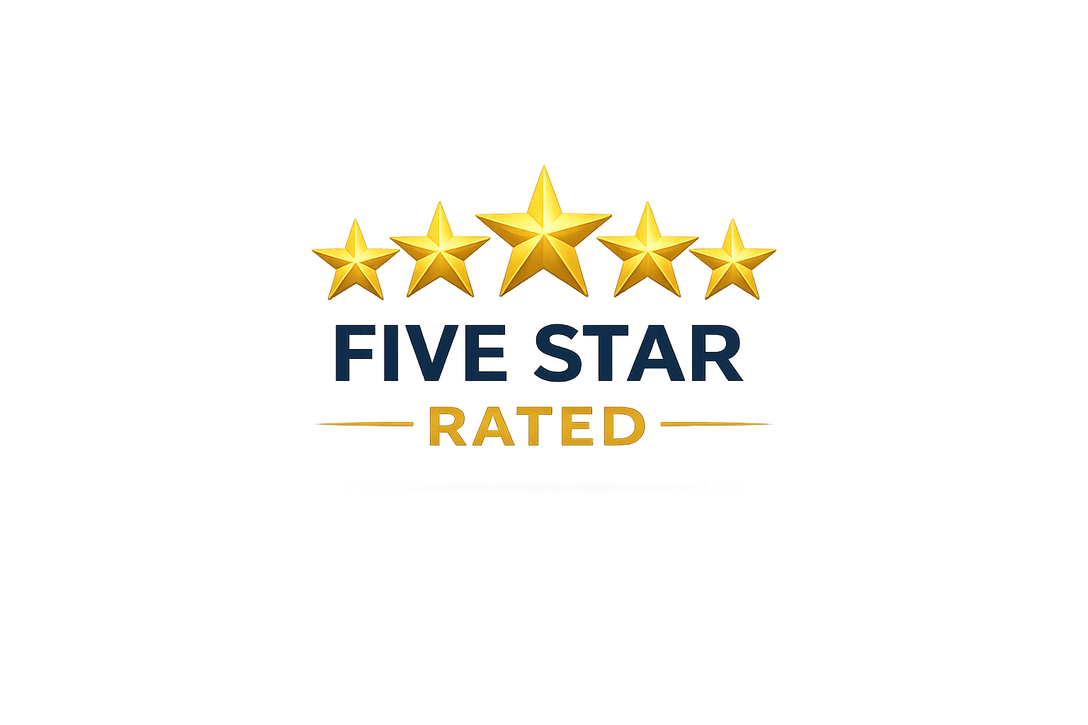 Five gold stars above the text "FIVE STAR RATED" in blue and gold letters.