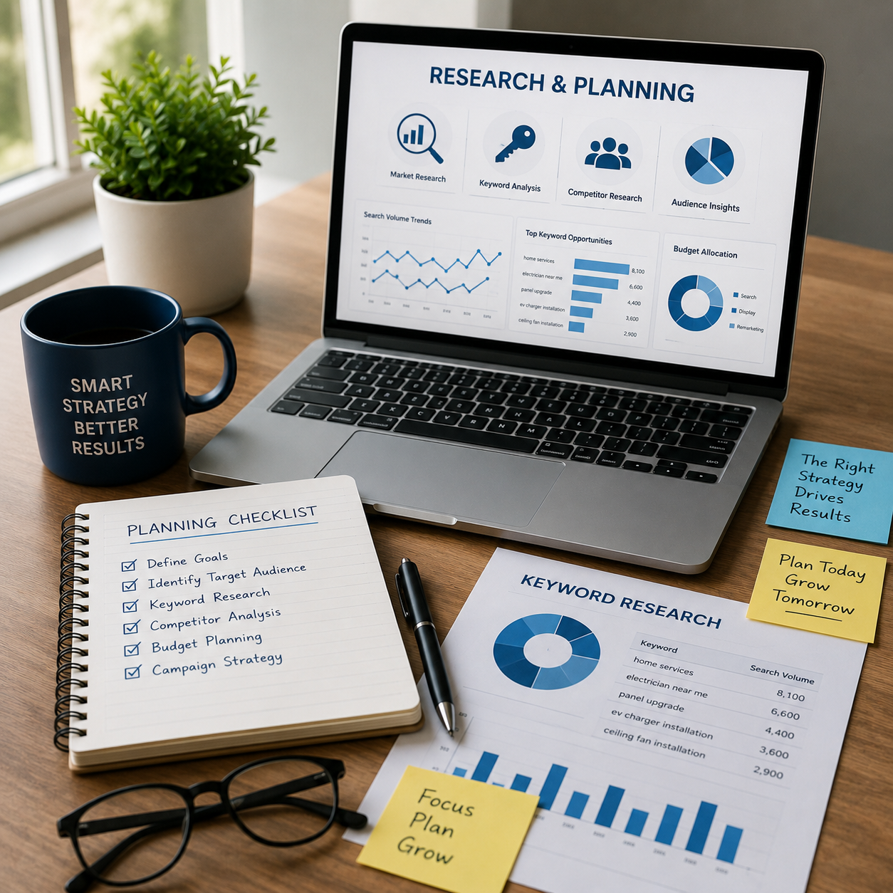 Professional marketing workspace featuring keyword research, competitor analysis, campaign planning, and performance data used to build successful Google Ads strategies for business growth.