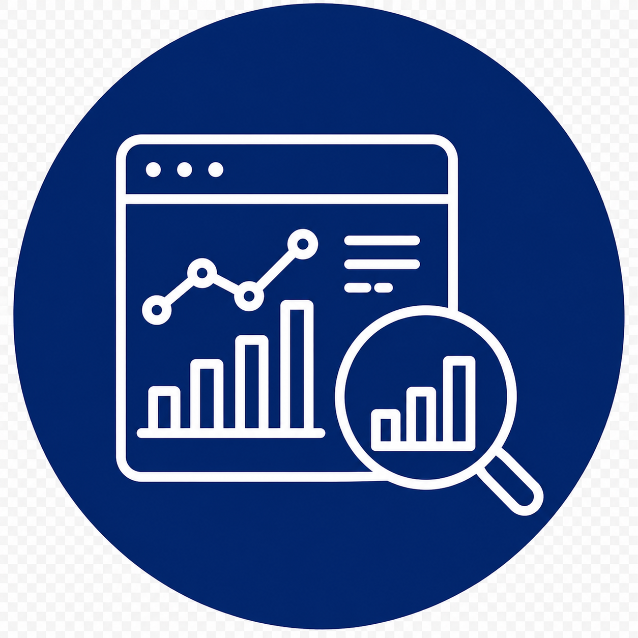 White analytics dashboard with charts and a magnifying glass representing Google Business Profile performance insights, reporting, and optimization recommendations.