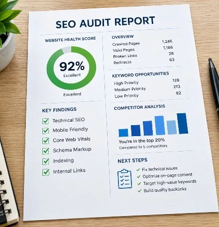 SEO audit services in Olympia and Thurston County by Web Trending Solutions analyzing technical SEO, Core Web Vitals, keywords, and website health.