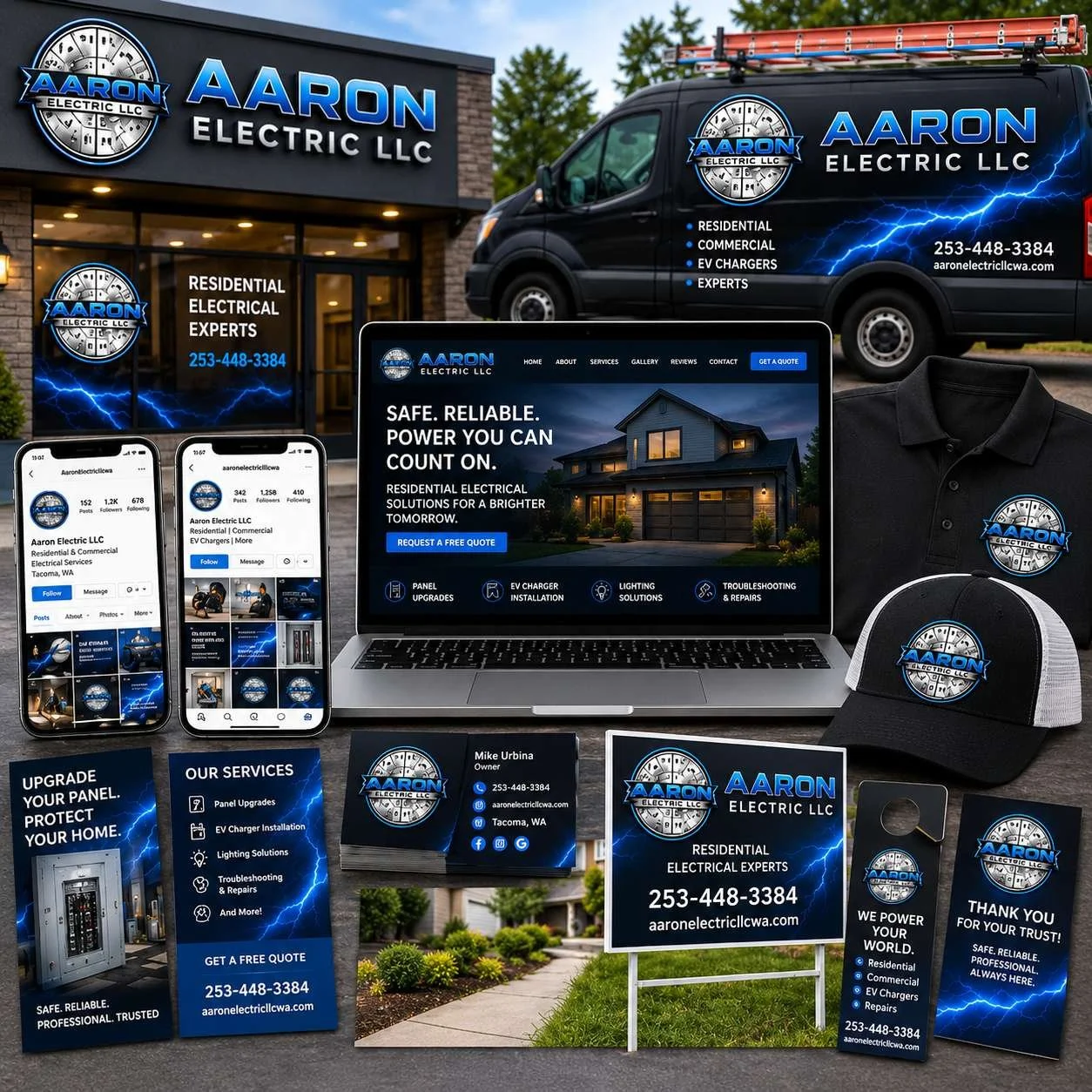 Print and marketing materials in Puyallup and Pierce County by Web Trending Solutions featuring custom branded assets for Aaron Electric LLC.