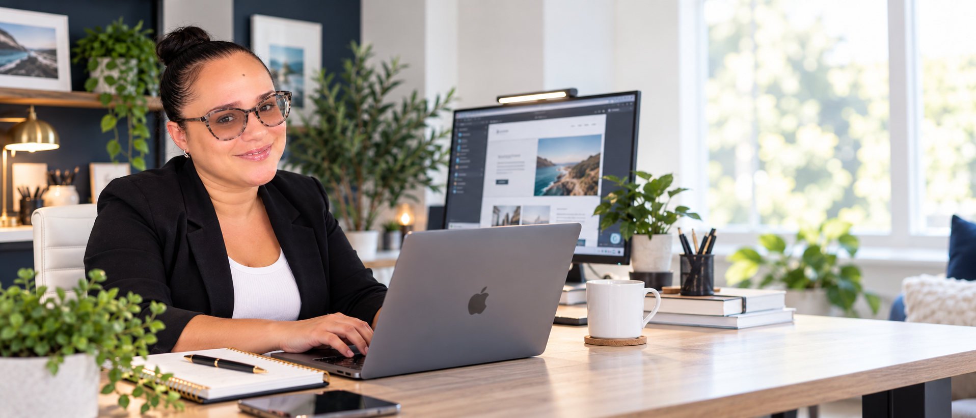 Web Trending Solutions founder working at a laptop in a bright office, with a website design displayed on the monitor behind her.