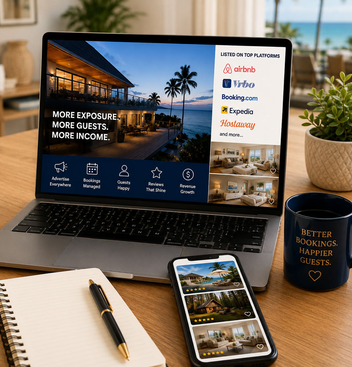 Vacation rental marketing and co-hosting workspace featuring multi-platform property listings and guest booking management.