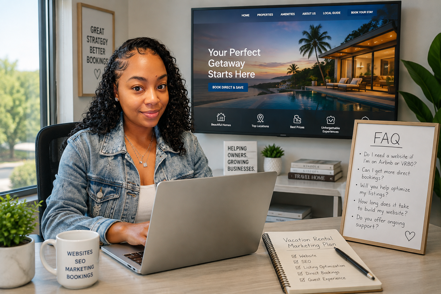Vacation property rental website specialist answering common questions while helping property owners improve bookings, SEO, and direct reservations.