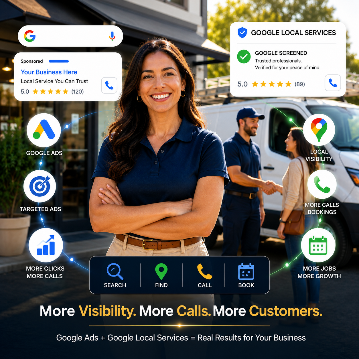Business owner attracting more calls and customers with Google Ads and Google Local Services marketing solutions.
