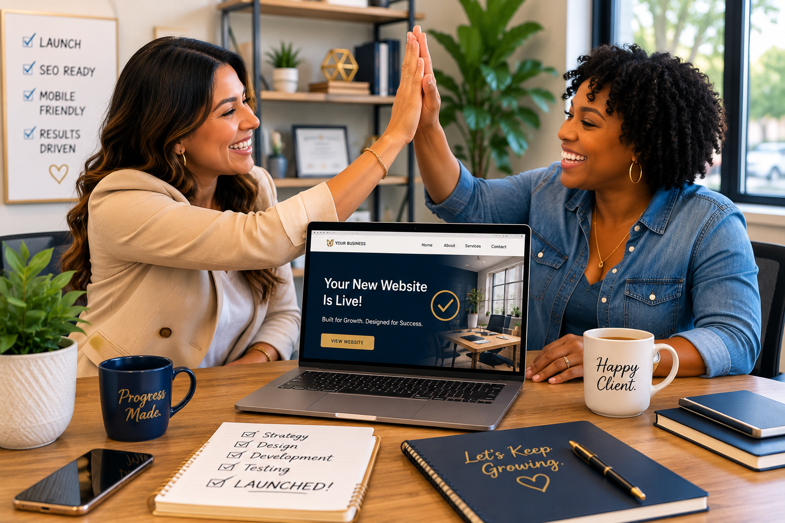 Professional team celebrating a successful website launch while providing ongoing support to help businesses grow and succeed online.