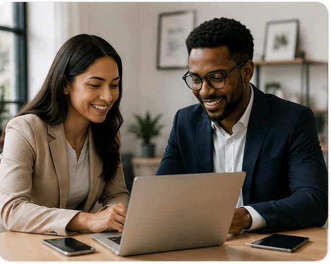 Professional service providers collaborating on digital marketing strategies to reach customers and grow their business.