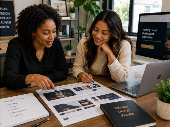 Creative team reviewing custom brand layouts, planning a user-friendly digital experience, and refining a modern business website.