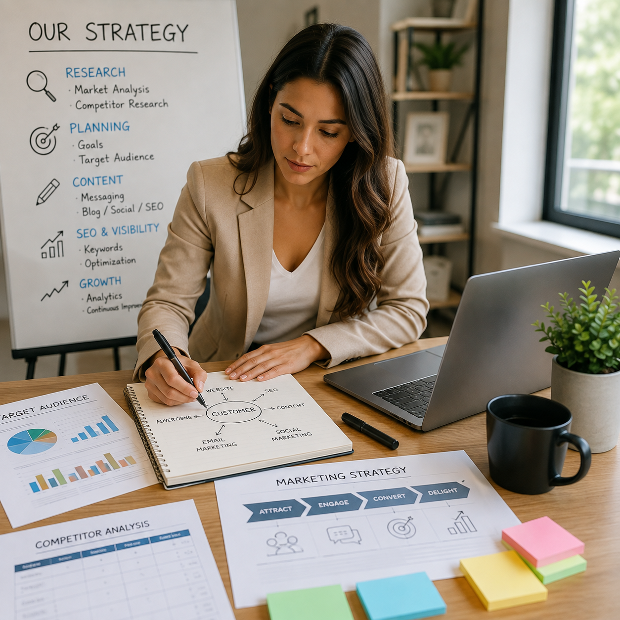 Professional website strategy planning session showing business analysis, marketing research, and growth planning for clients in Lacey, WA.