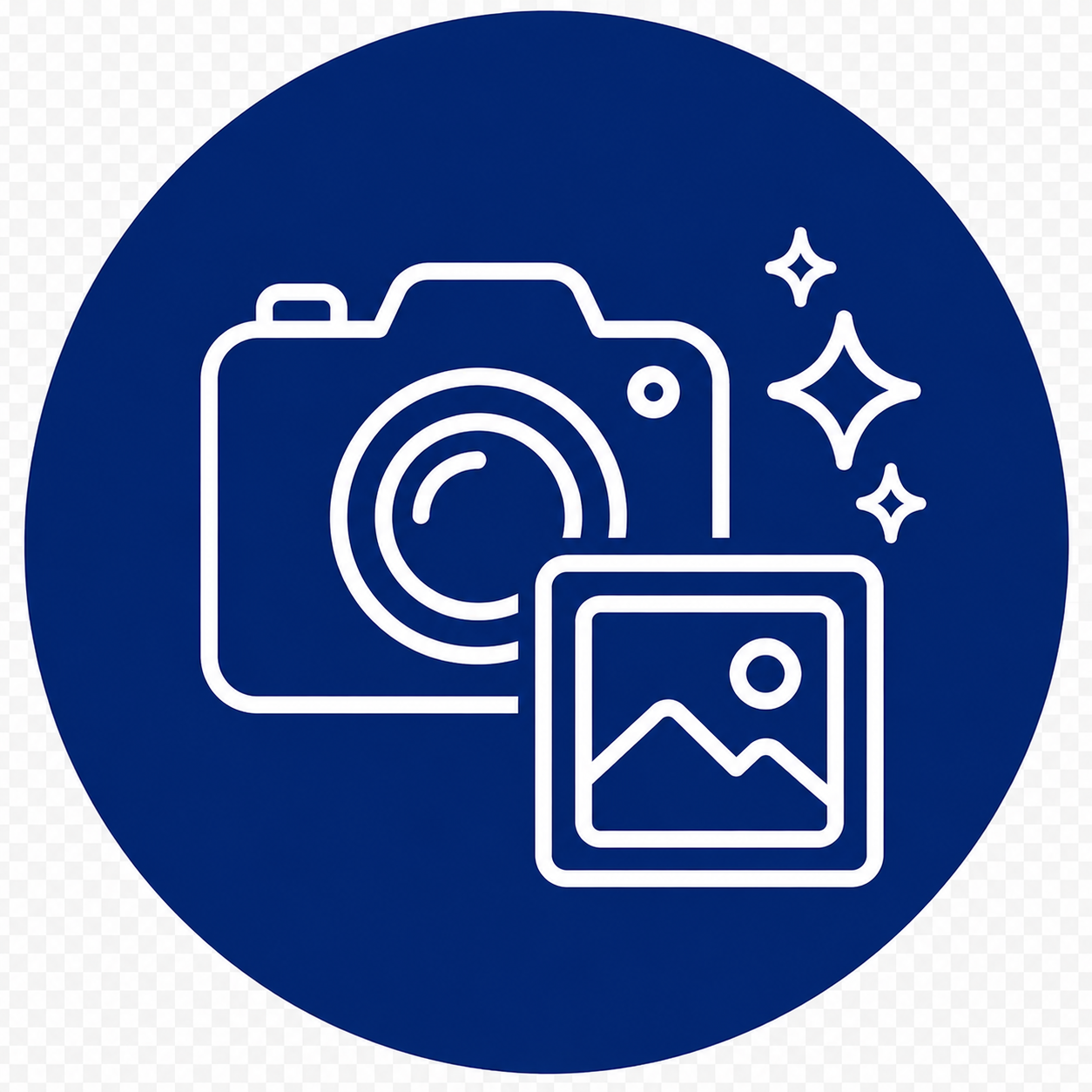 White camera, photo frame, and sparkles representing Google Business Profile photo optimization and content enhancement services.