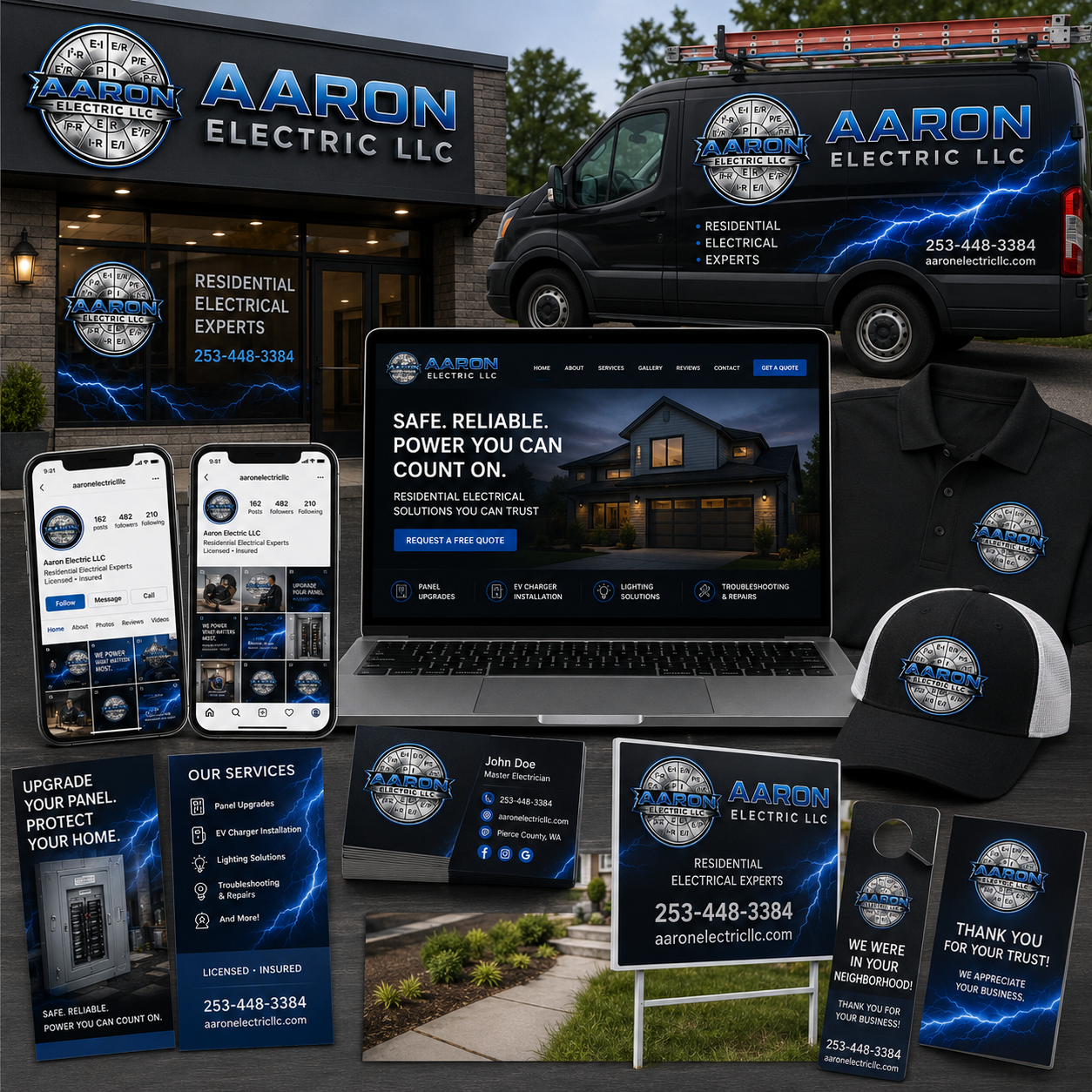 Brand consistency services showcasing coordinated signage, vehicle graphics, apparel, website, print materials, and marketing assets created for Aaron Electric LLC.