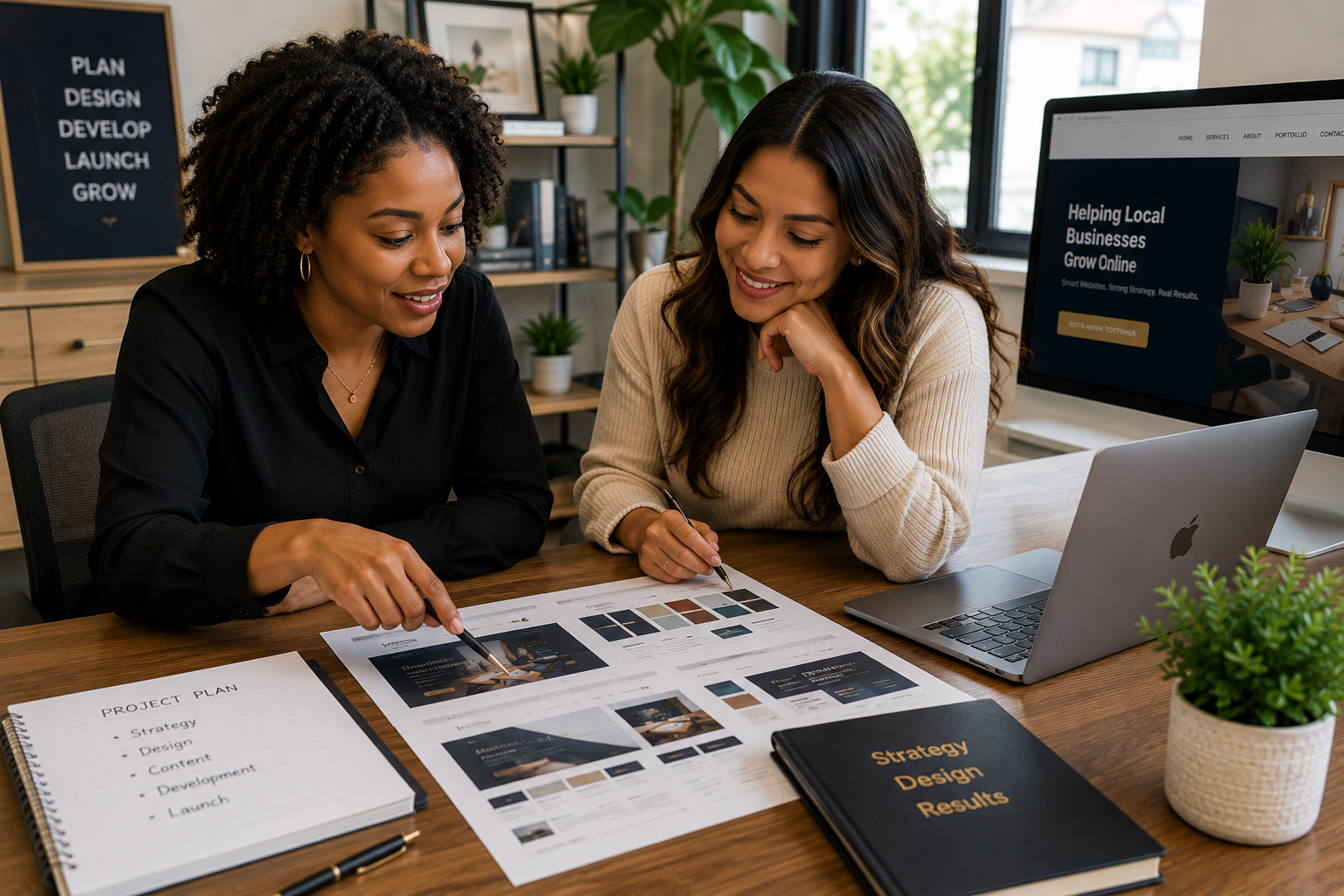 Creative team reviewing custom brand layouts, planning a user-friendly digital experience, and refining a modern business website.