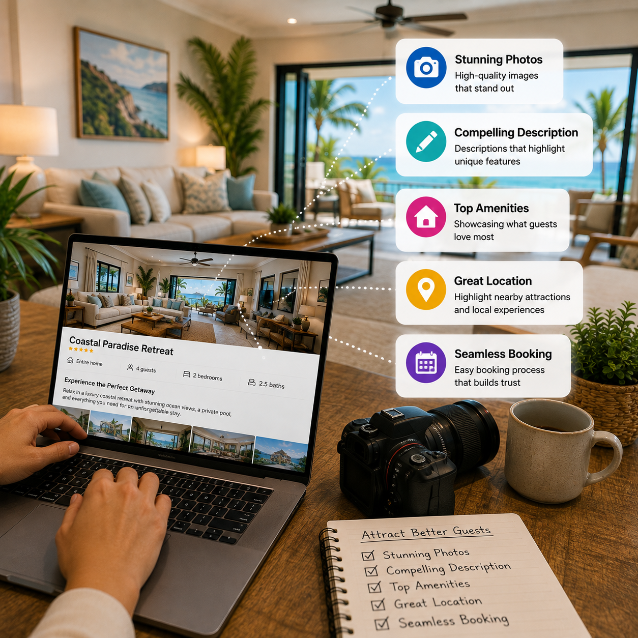 Optimized short-term rental listing showcasing professional photos and amenities to attract qualified guests and bookings.