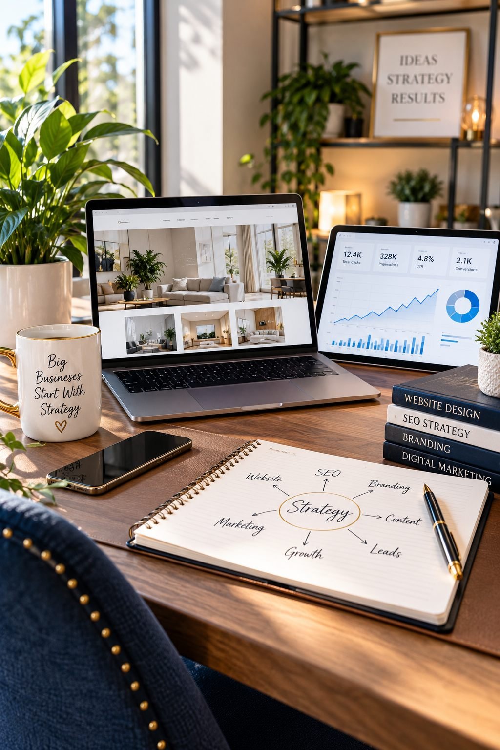 Digital marketing strategy workspace showing website design, SEO analytics, branding, and growth planning for small businesses.