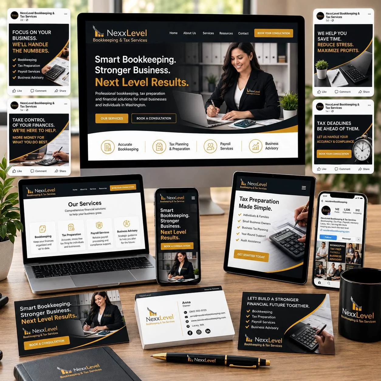 Print and marketing materials in Lacey and Thurston County by Web Trending Solutions featuring custom branded assets for NexxLevel.