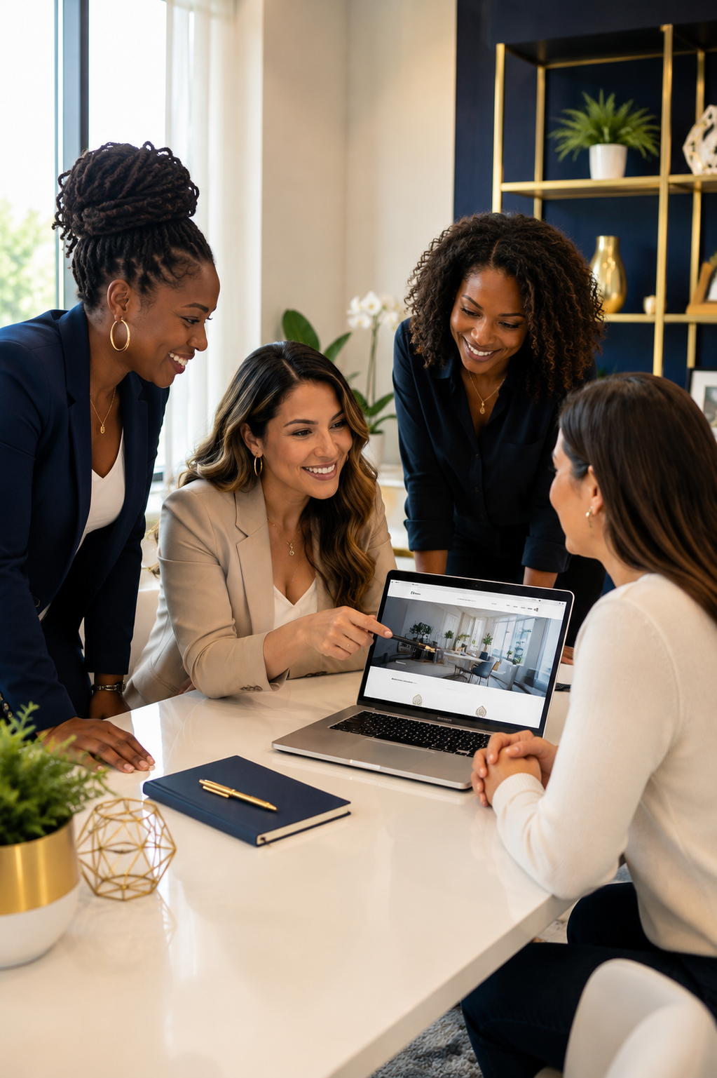 Three professional women meeting with a small business owner to discuss website design, digital strategy, and online business growth in a modern office.