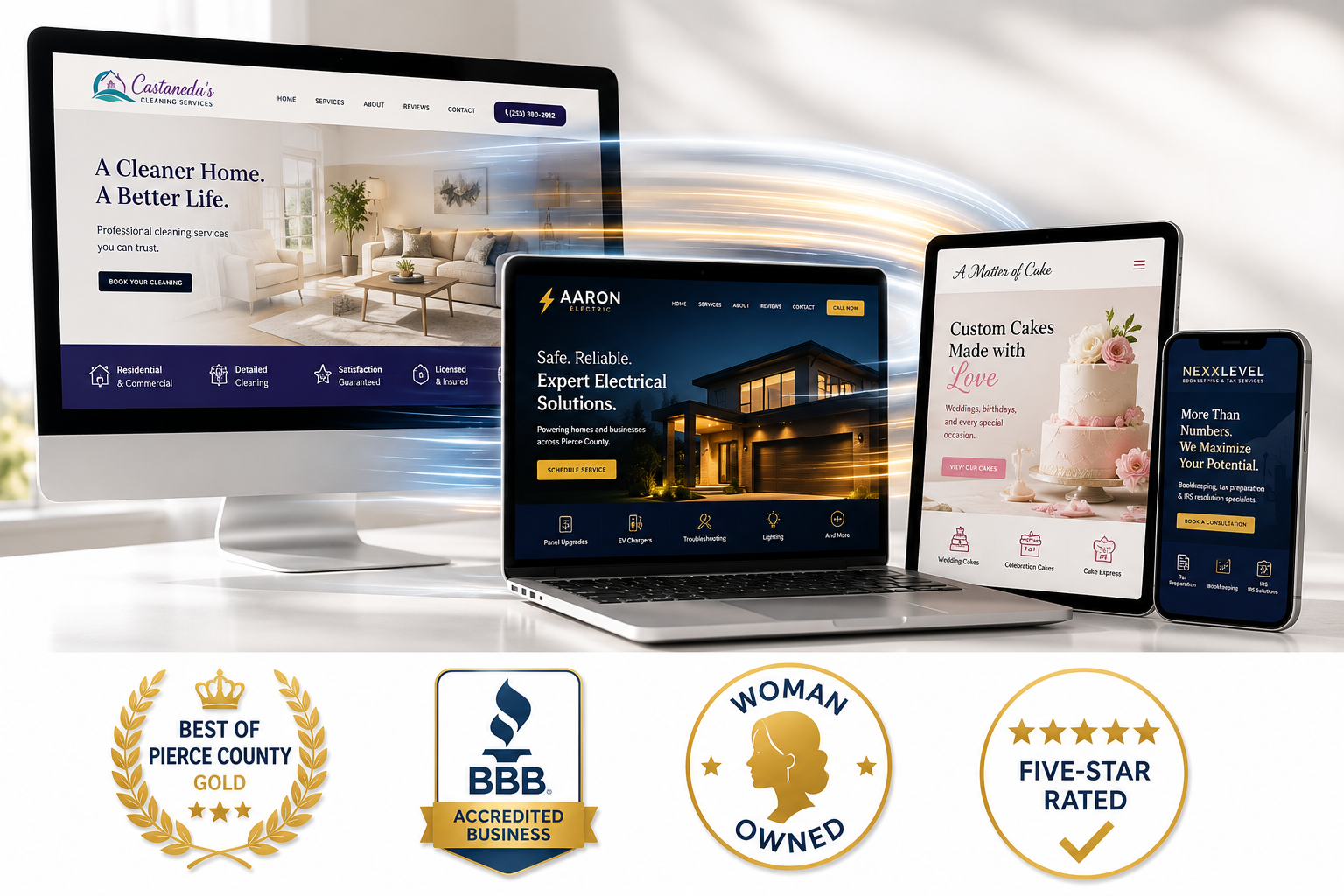 Professional web designs displayed across desktop, laptop, tablet, and mobile devices with trusted business award badges.