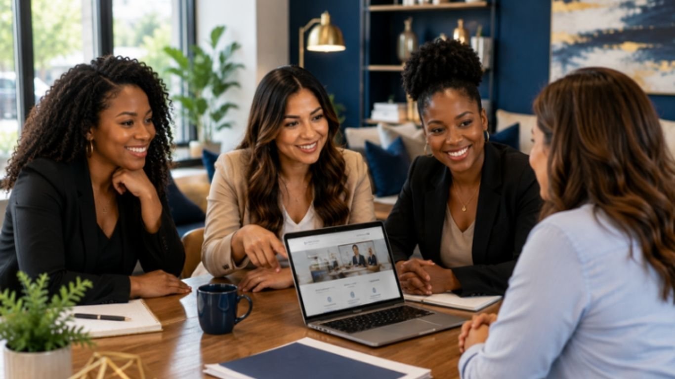 Web Trending Solutions providing website design and SEO services to small business owners during a collaborative strategy meeting