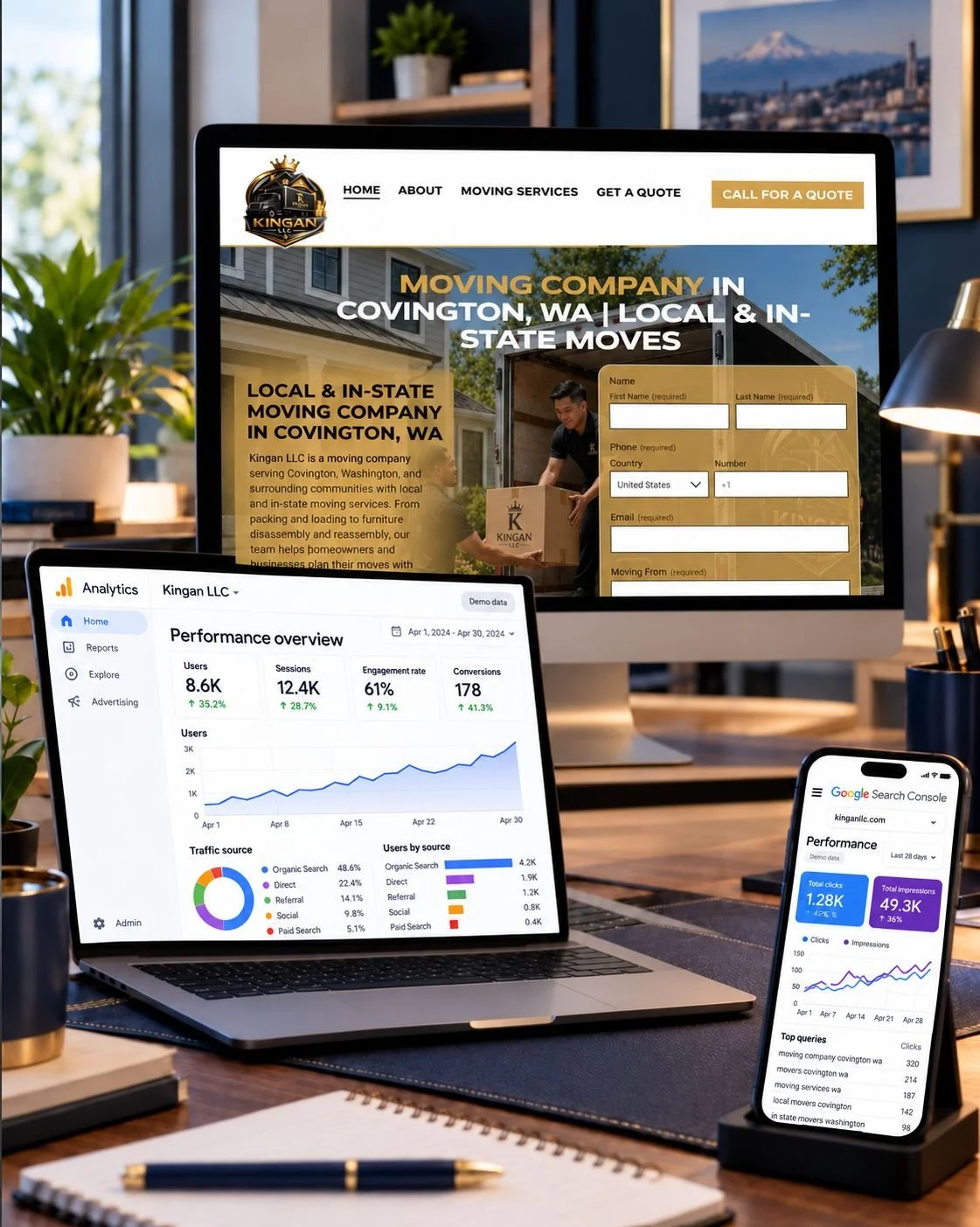 Kingan LLC website on a desktop, demo Analytics on a laptop, and Google Search Console on a phone in a warm, lit office workspace.