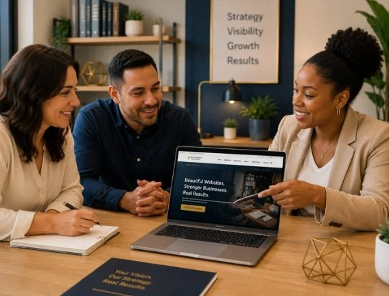 Professional website design consultation with a small business owner reviewing a custom website strategy with an experienced web design team.