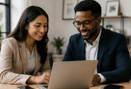 Professional service providers collaborating on digital marketing strategies to reach customers and grow their business.