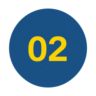 Blue circle icon with yellow number 02 representing hands-on support for Web Trending Solutions website and SEO client projects.