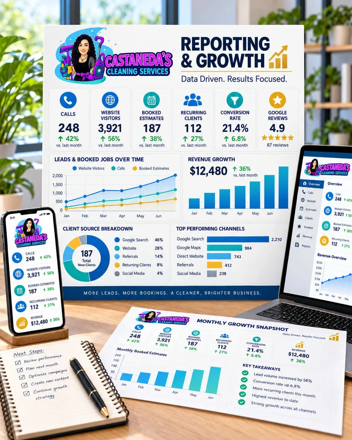 Digital marketing performance reports displayed across computer screens, featuring colorful charts, analytics dashboards, and graphs.