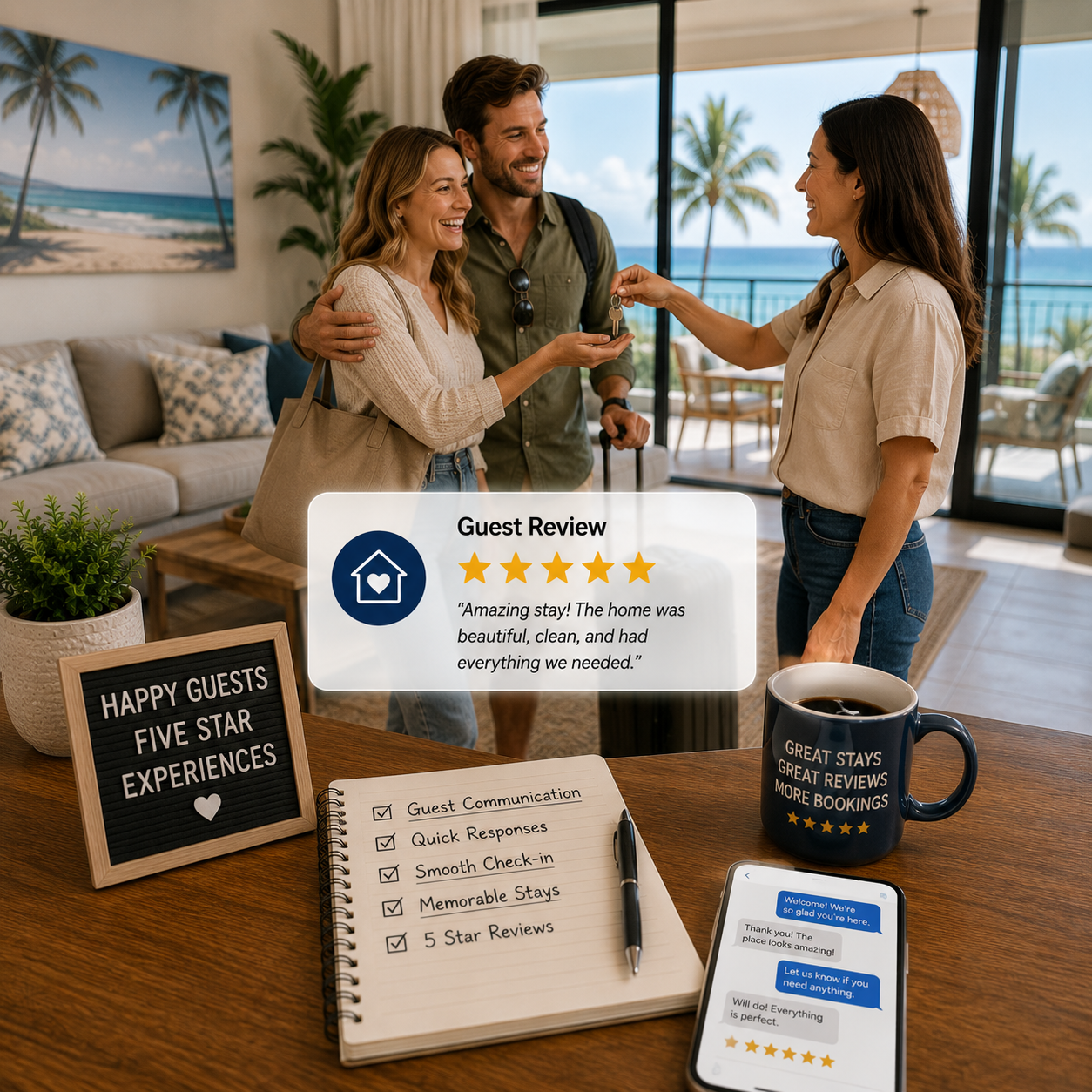 Property rental host welcoming happy guests to create five-star experiences, positive reviews, and repeat bookings.