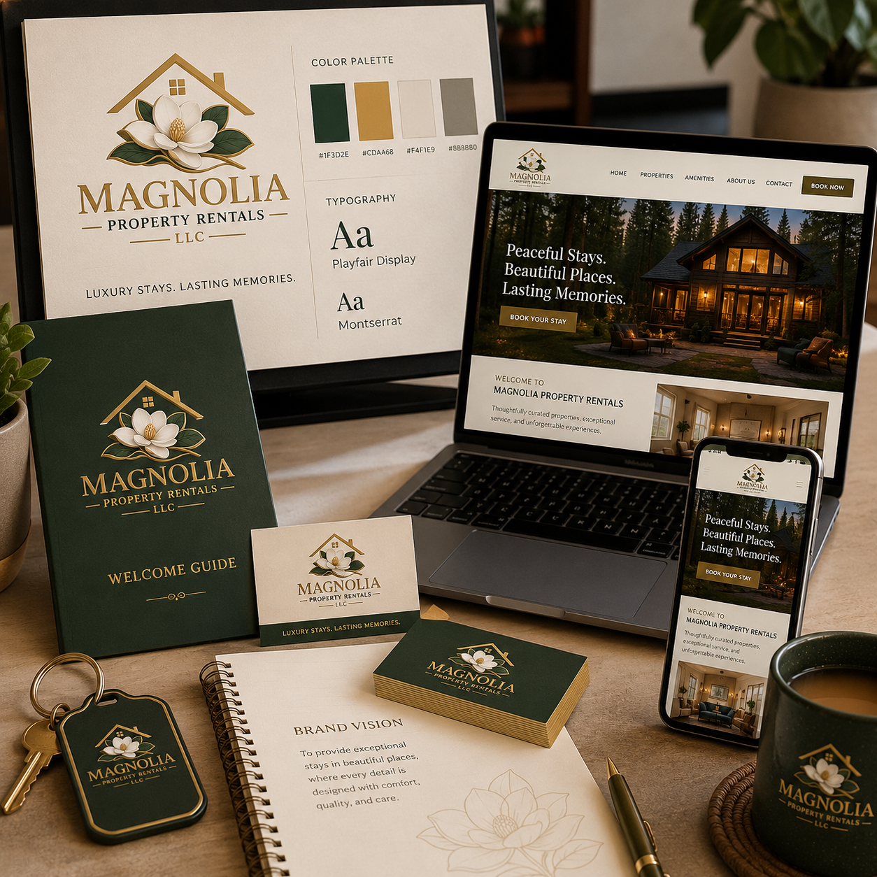 Logo and brand identity design services showcasing a complete branding system with custom logo, color palette, typography, website, and marketing materials created for Magnolia Property Rentals.