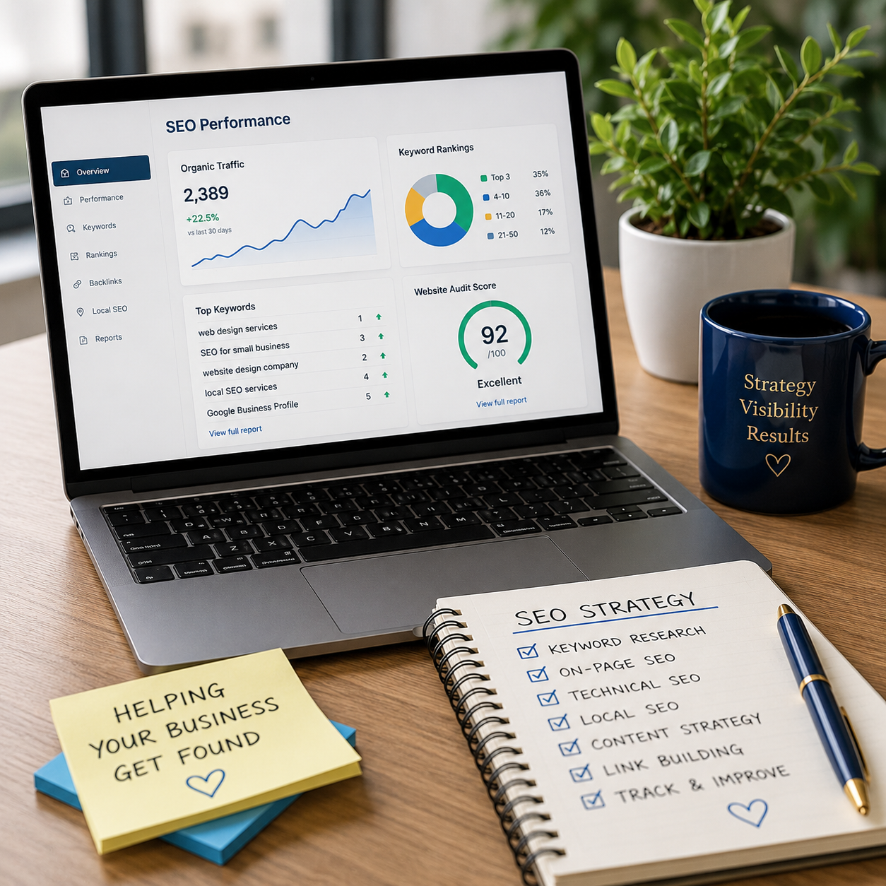 SEO strategy workspace showing search visibility, keyword research, and organic growth solutions for Washington businesses.