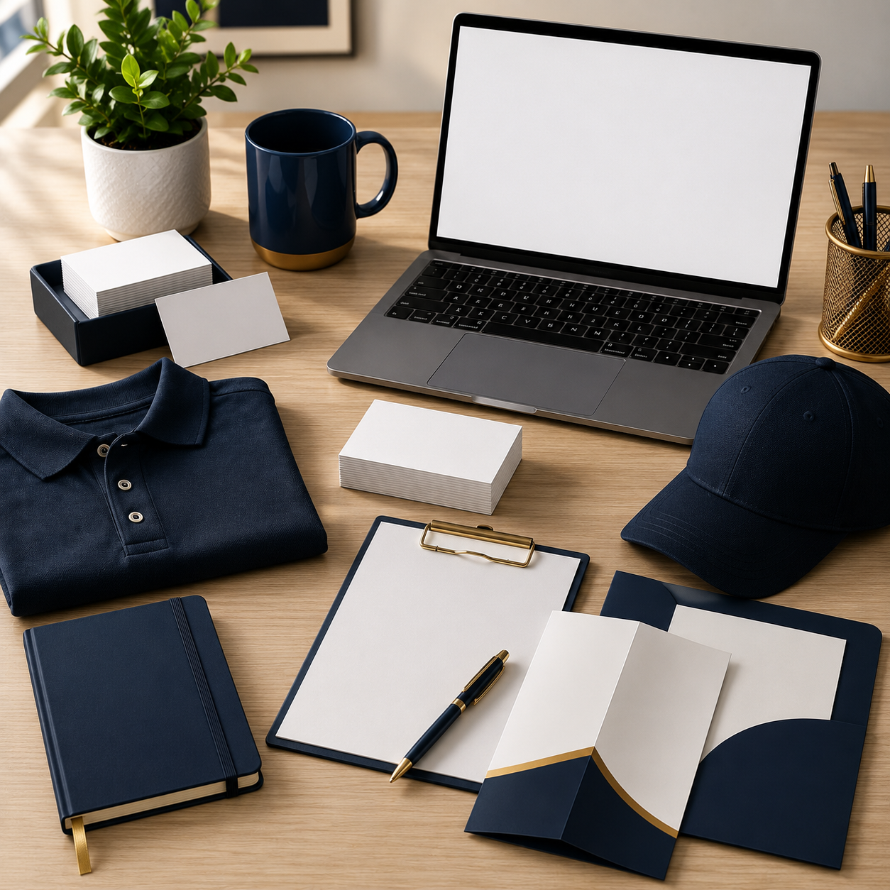 Professional branding and graphic design workspace featuring custom business cards, apparel, folders, and marketing materials for growing businesses.