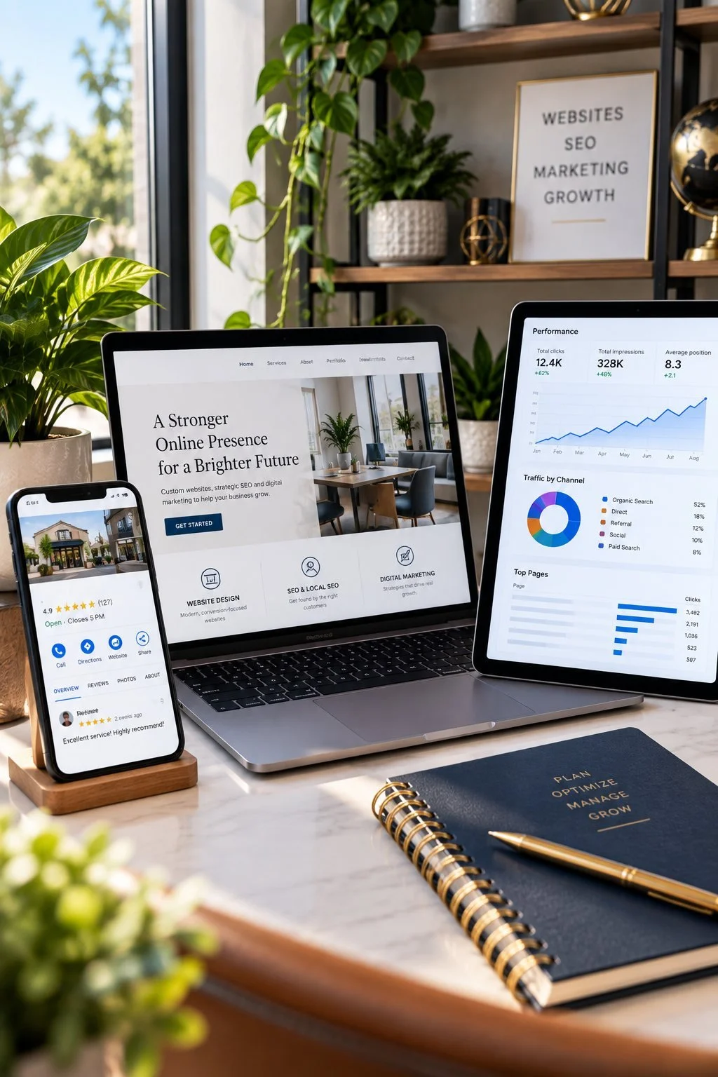 Website design, local SEO, business listings, and performance analytics representing ongoing digital marketing and online growth.