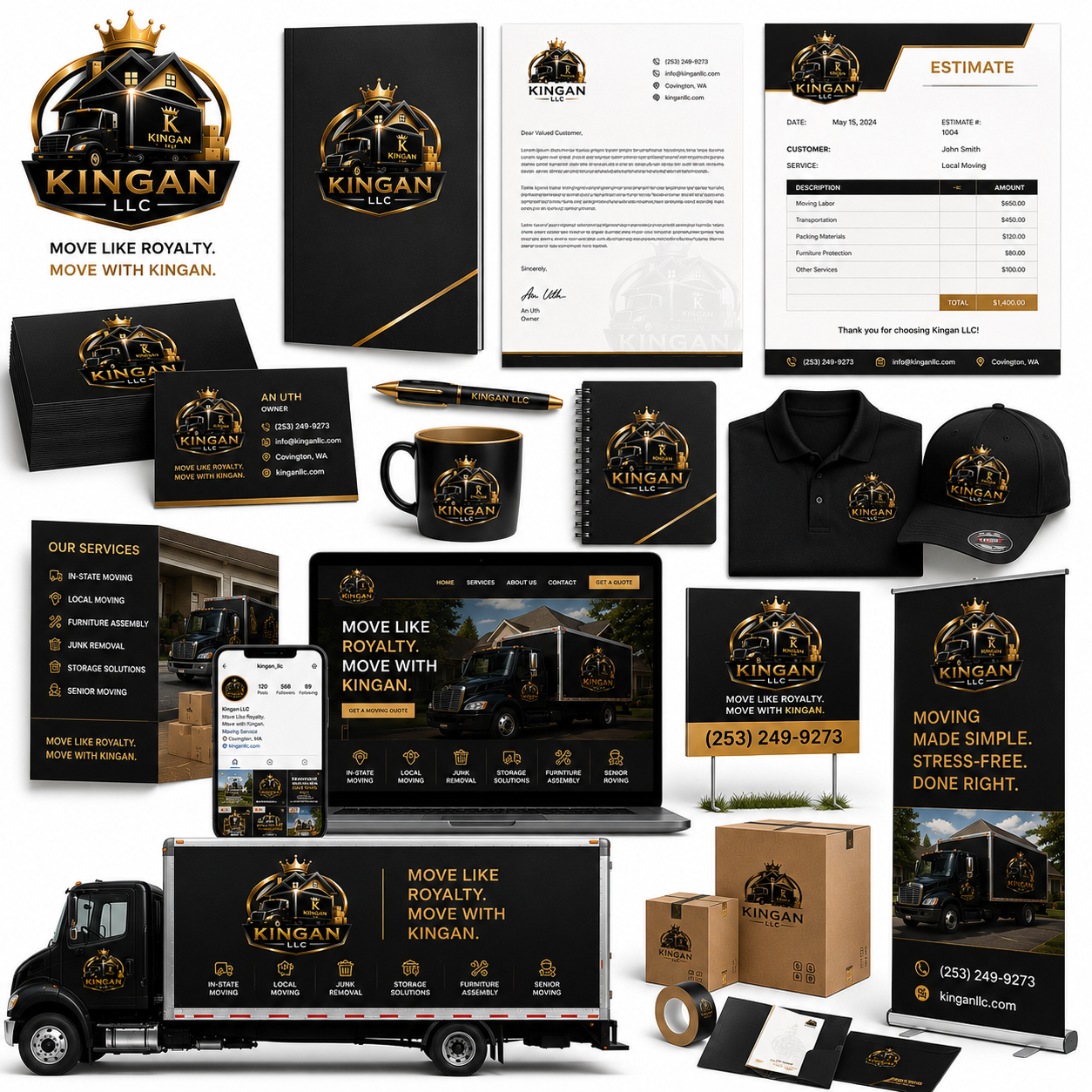 Complete business branding system showcasing custom logo design, website, vehicle graphics, apparel, signage, stationery, and marketing materials created by Web Trending Solutions.