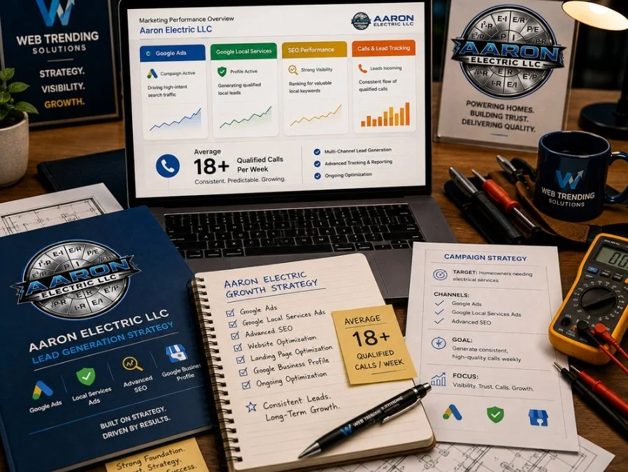 Digital marketing for electricians in Pierce County WA by Web Trending Solutions featuring Google Ads, Local Services Ads, SEO, and lead generation strategy.