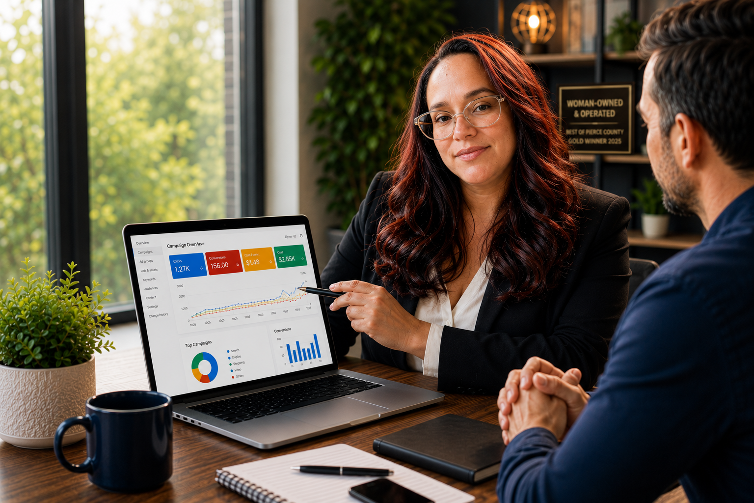 Professional Google Ads management consultant meeting with a business owner to create high-performing advertising campaigns that generate qualified leads and improve ROI.
