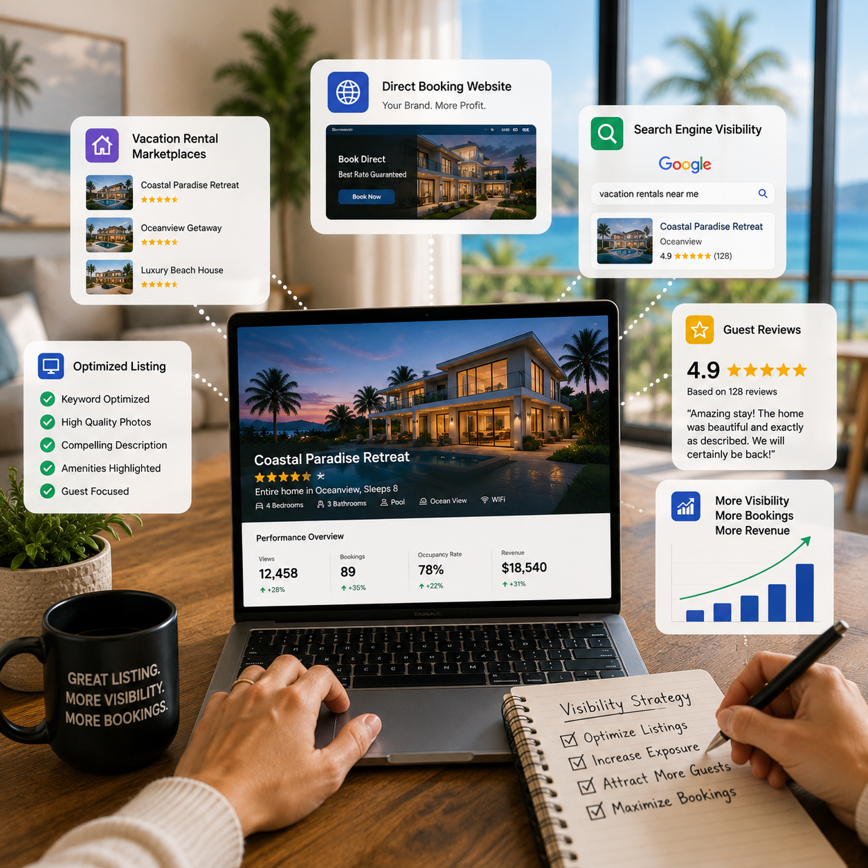 Airbnb Hosting optimization helping property owners increase visibility across Airbnb, VRBO, Google, and Booking.com.